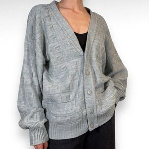 Vintage Wool Cardigan Sweater Blue Gray Knit Eclectic Grandpa Fisherman Size L